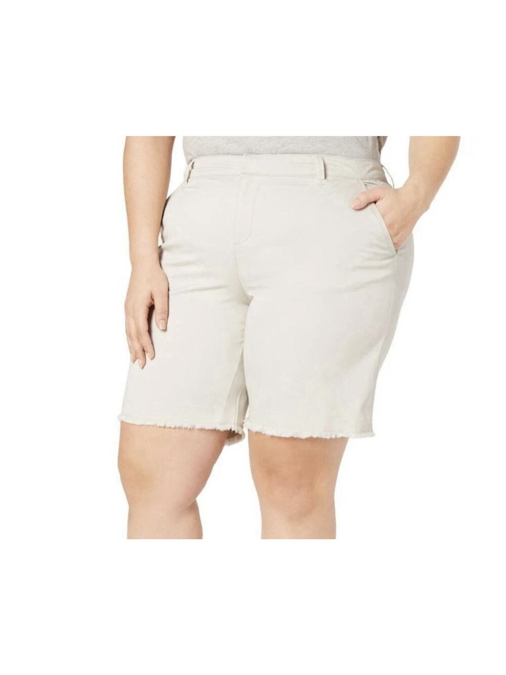 Style & Co Womens Sz 18 W Mid Rise Frayed Hem Chino Shorts Beige Relaxed Fit NEW